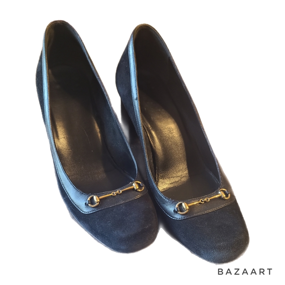 * Gucci Women's Black Suede Leather Block Heel Scamosciato